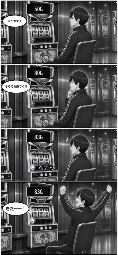 陸が50G、80Gと回し、83GでGOGO!ランプが光って喜ぶ漫画2ページ目