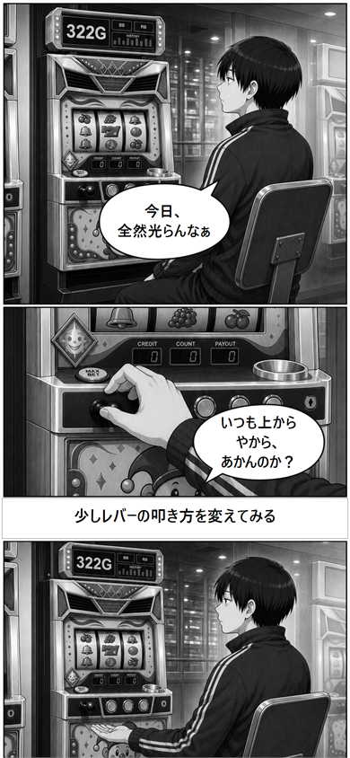 陸がジャグラーのレバーをいつもと違う下側から叩こうとする漫画1ページ目